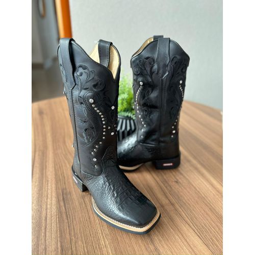BOTA TEXANA EM COURO PRETO ALL BLACK BORDADO TRIBA... - Botas Texanas Bruto