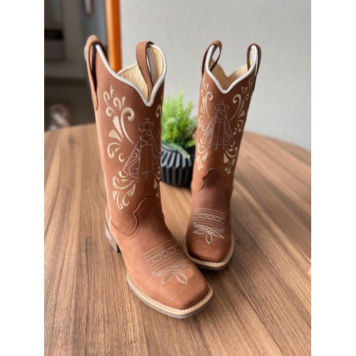 BOTA TEXANA EM COURO MARROM BORDADO NOSSA SENHORA ... - Botas Texanas Bruto