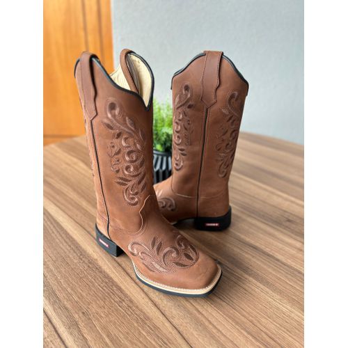 BOTA TEXANA EM COURO MARROM BORDADO RAMOS MARROM -... - Botas Texanas Bruto