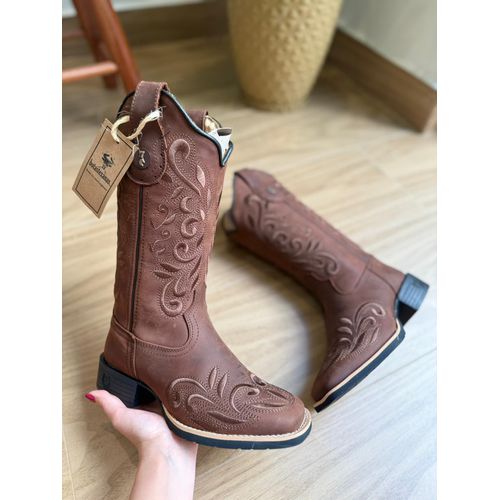 BOTA TEXANA EM COURO MARROM BORDADO RAMOS MARROM -... - Botas Texanas Bruto