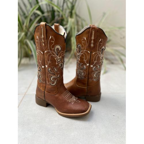 BOTA TEXANA EM COURO CARAMELO LASER BORDADO ESTREL... - Botas Texanas Bruto