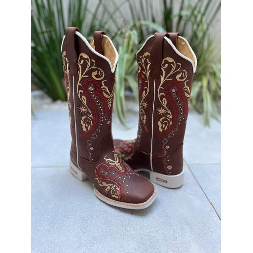BOTA TEXANA EM COURO BORDADO TRIBAL VERMELHO E BEG... - Botas Texanas Bruto