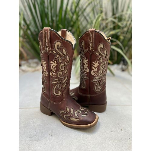 BOTA TEXANA EM COURO MARROM LASER GLITTER DOURADO ... - Botas Texanas Bruto