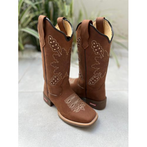 BOTA TEXANA EM COURO MARROM BORDADO FLOR MARROM E ... - Botas Texanas Bruto