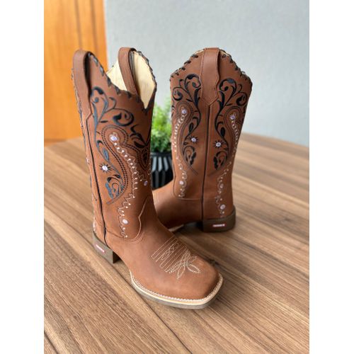 BOTA TEXANA EM COURO MARROM BORDADO TRIBAL COM TRI... - Botas Texanas Bruto