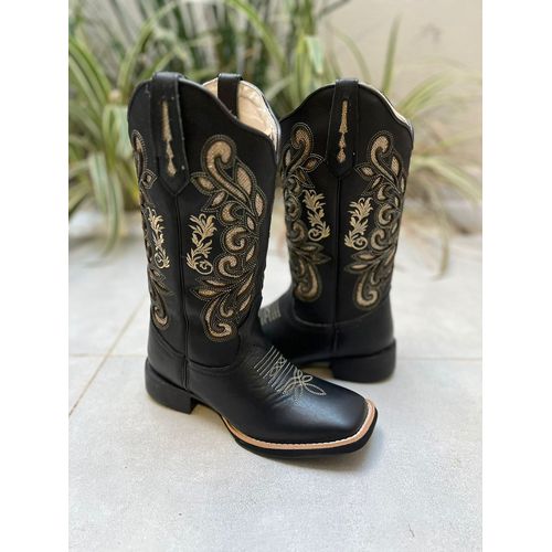 BOTA TEXANA EM COURO PRETO A LASER GLITTER DOURADO... - Botas Texanas Bruto