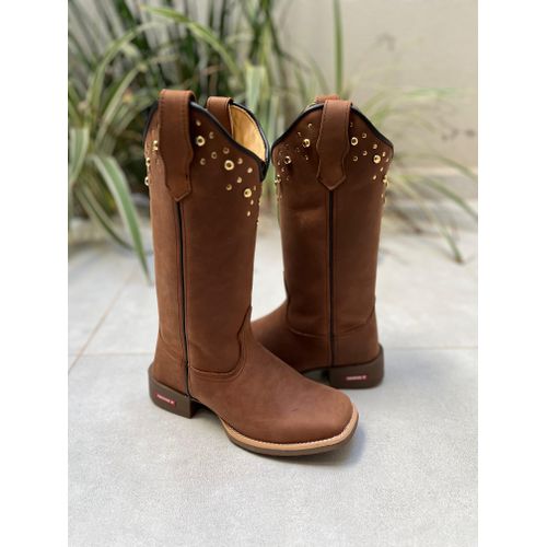 BOTA TEXANA EM COURO E SOLADO MARROM BASICA COM ME... - Botas Texanas Bruto
