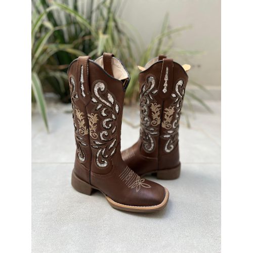 BOTA TEXANA EM COURO MARROM A LASER GLITTER PRATA ... - Botas Texanas Bruto