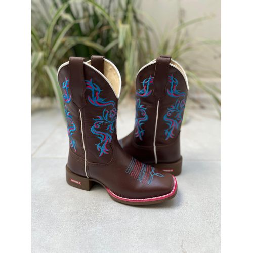 BOTA TEXANA EM COURO MARROM BORDADO FLORES AZUL E ... - Botas Texanas Bruto