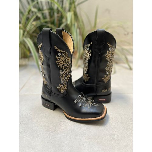 BOTA TEXANA EM COURO PRETO BORDADO RAMOS BEGE + ME... - Botas Texanas Bruto