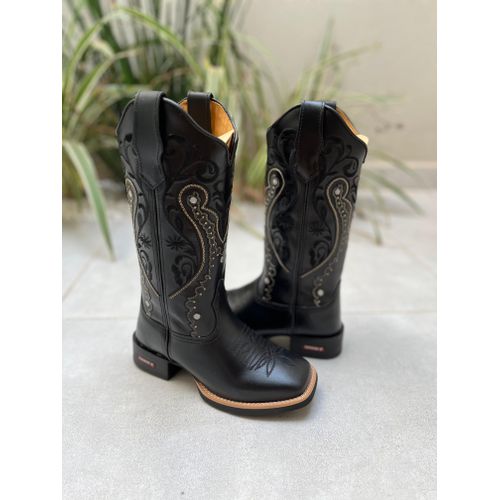 BOTA TEXANA EM COURO PRETO BORDADO TRIBAL + FLORAO... - Botas Texanas Bruto