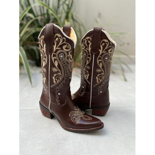 BOTA TEXANA EM COURO MARROM BORDADO TRIBAL BICO FI... - Botas Texanas Bruto