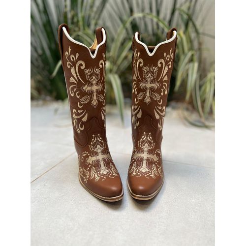 BOTA TEXANA EM COURO MUSTANG BORDADO CRUZ BICO FIN... - Botas Texanas Bruto