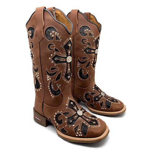 BOTA TEXANA EM COURO MARROM A LASER CRUZ COM GLITT... - Botas Texanas Bruto