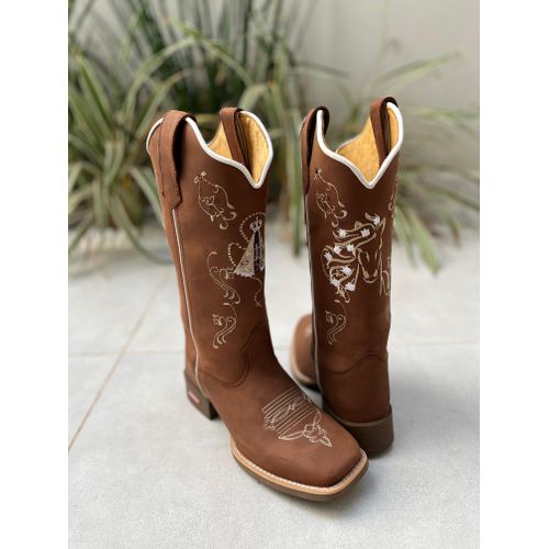 BOTA TEXANA EM COURO MARROM BORDADO NOSSA SENHORA ... - Botas Texanas Bruto