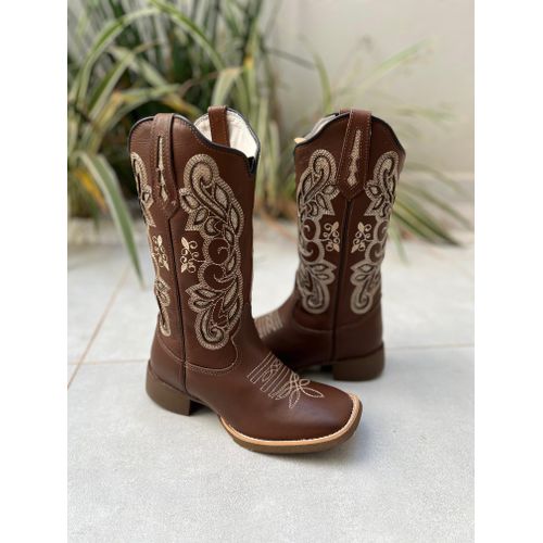BOTA TEXANA EM COURO MARROM A LASER GLITTER DOURAD... - Botas Texanas Bruto