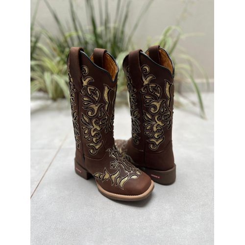 BOTA TEXANA EM COURO MARROM A LASER CRUZ COM GLITT... - Botas Texanas Bruto