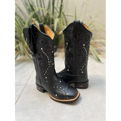 BOTA TEXANA EM COURO ALL BLACK BORDADO TRIBAL COM ... - Botas Texanas Bruto