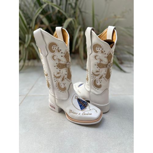 BOTA TEXANA EM COURO BRANCO BORDADO CRUZ E NOSSA S... - Botas Texanas Bruto