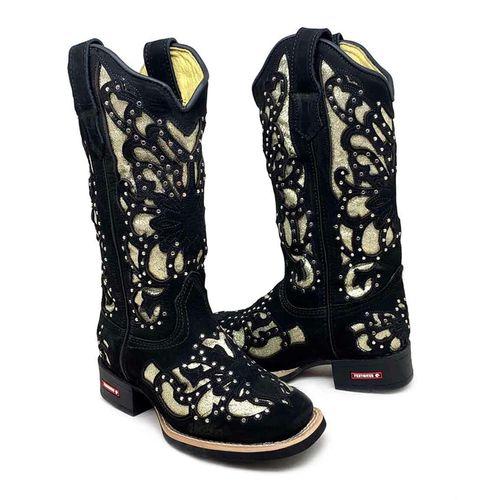 BOTA TEXANA EM COURO PRETO LASER COM GLITTER DOURA... - Botas Texanas Bruto
