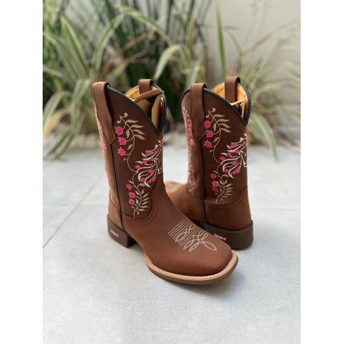 BOTA TEXANA EM COURO MARROM BORDADO CAVALO ROSA - ... - Botas Texanas Bruto