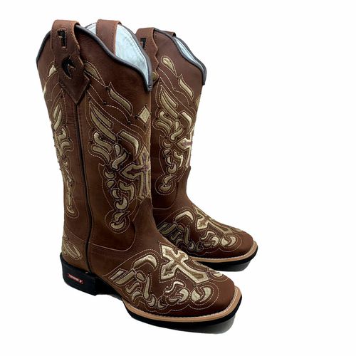 BOTA TEXANA EM COURO MARROM BORDADO CRUZ BEGE - bt... - Botas Texanas Bruto