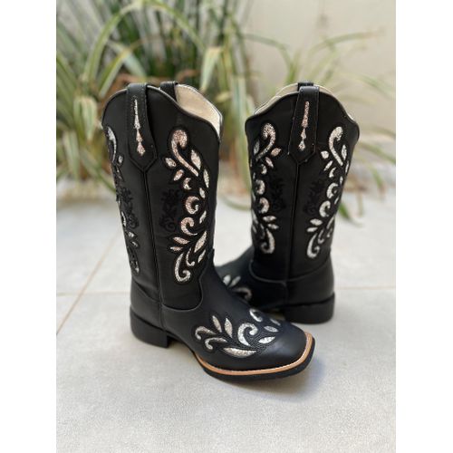 BOTA TEXANA EM COURO PRETO A LASER GLITTER PRATA -... - Botas Texanas Bruto