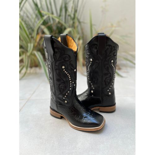 BOTA TEXANA EM COURO PRETO ARRAIA BORDADO TRIBAL C... - Botas Texanas Bruto