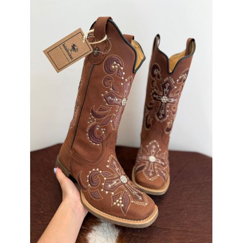 BOTA TEXANA EM COURO MARROM BORDADO DO LASER CRUZ ... - Botas Texanas Bruto