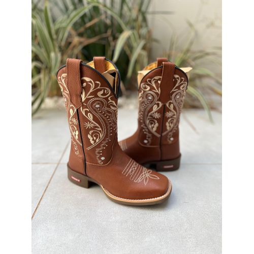BOTA TEXANA EM COURO MUSTANG BORDADO TRIBAL BEGE C... - Botas Texanas Bruto
