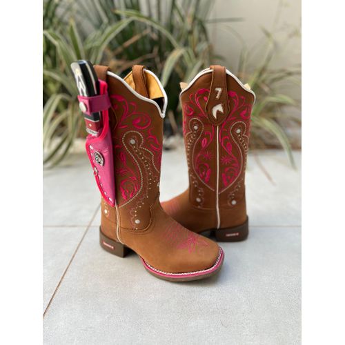KIT BOTA TEXANA EM COURO HORSE HAVANA BORDADO TRIB... - Botas Texanas Bruto