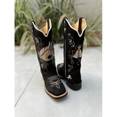 BOTA TEXANA EM COURO NOBUCK PRETO BORDADO CAVALO E... - Botas Texanas Bruto
