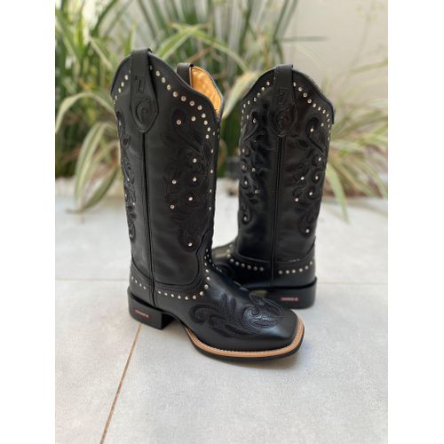 BOTA TEXANA EM COURO PRETO BORDADO ALL BLACK + MET... - Botas Texanas Bruto