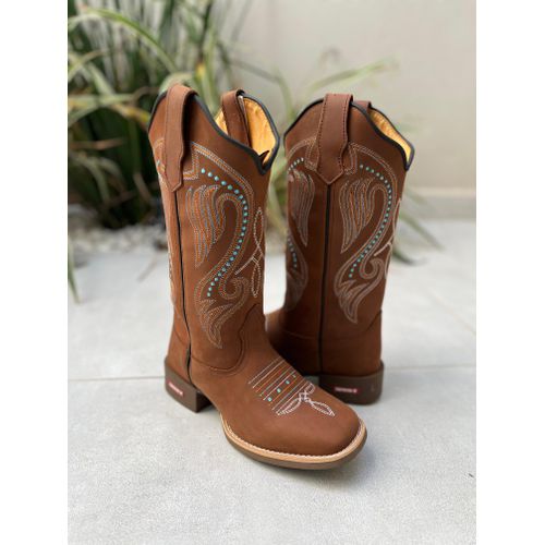 BOTA TEXANA EM COURO MARROM BORDADO PONTILHADO AZU... - Botas Texanas Bruto