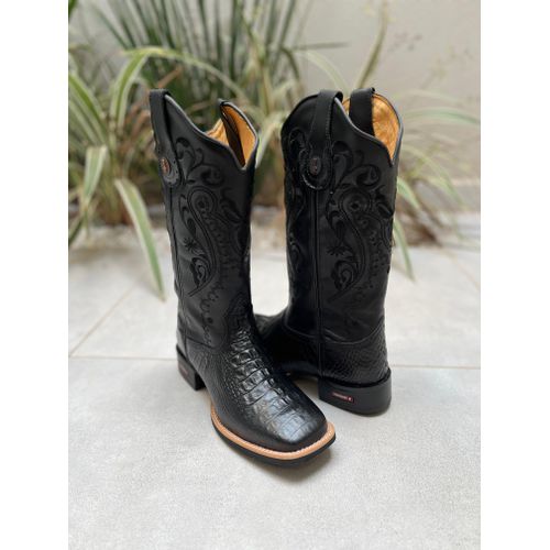 BOTA TEXANA EM COURO PRETO COBRA BORDADO TRIBAL AL... - Botas Texanas Bruto