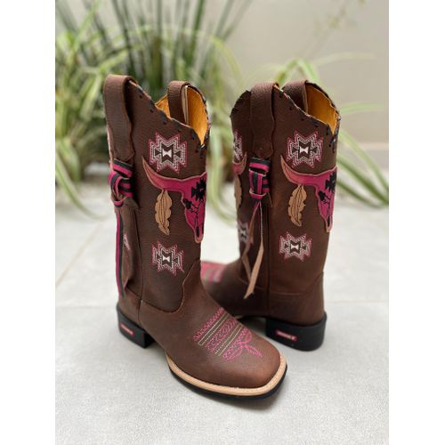 BOTA TEXANA EM COURO MARROM TOURO ROSA - btf5 - Botas Texanas Bruto