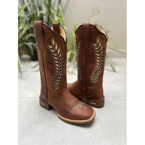 BOTA TEXANA EM COURO MARROM A LASER GLITTER DOURAD... - Botas Texanas Bruto