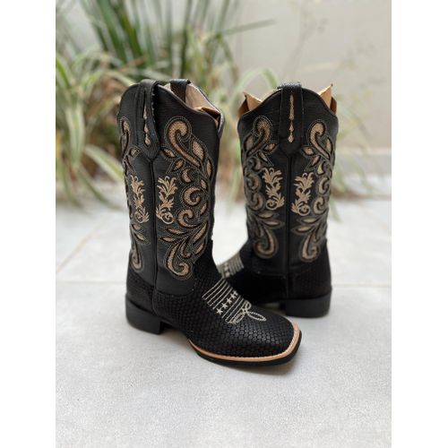 BOTA TEXANA EM COURO PRETO E DOURADO LASER ESCAMA ... - Botas Texanas Bruto