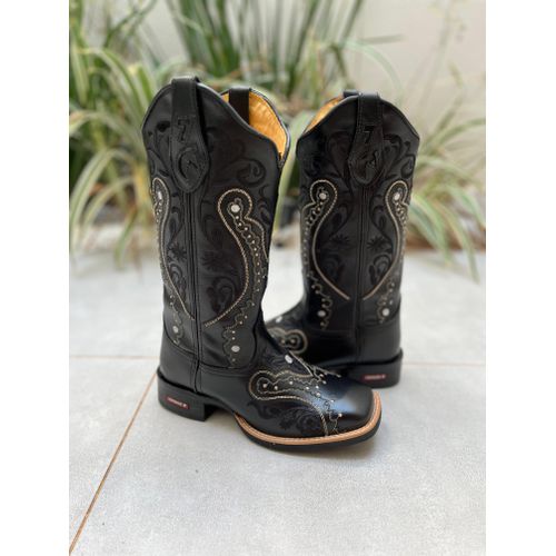 BOTA TEXANA EM COURO BORDADO TRIBAL PRETO E BRANCO... - Botas Texanas Bruto