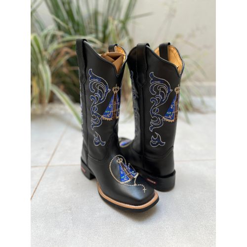 BOTA TEXANA EM COURO PRETO BORDADO NOSSA SENHORA A... - Botas Texanas Bruto