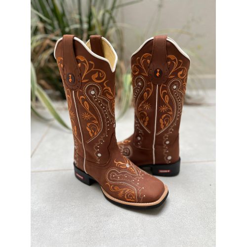 BOTA TEXANA EM COURO BORDADO TRIBAL LARANJA - BTF5... - Botas Texanas Bruto