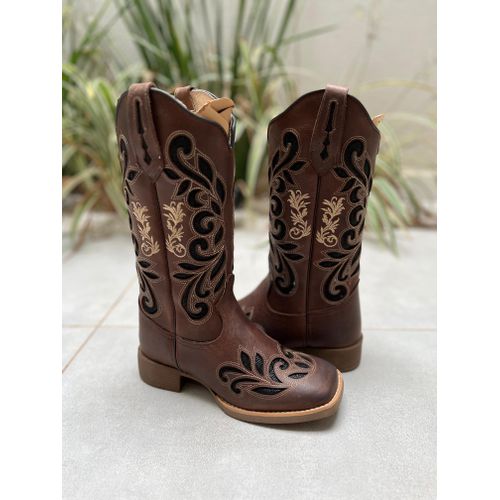 BOTA TEXANA EM COURO MARROM A LASER GLITTER PRETO ... - Botas Texanas Bruto
