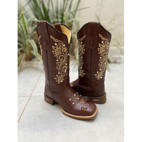 BOTA TEXANA EM COURO MARROM BORDADO RAMOS BEGE E B... - Botas Texanas Bruto