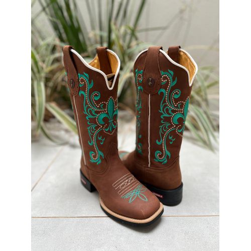 BOTA TEXANA EM COURO MARROM BORDADO VERDE E BEGE -... - Botas Texanas Bruto