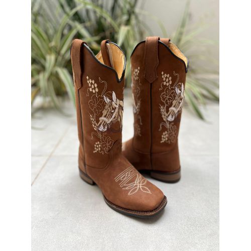 BOTA TEXANA EM COURO MARROM BORDADO CAVALO SOLA RU... - Botas Texanas Bruto