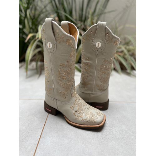 BOTA TEXANA EM COURO OFF WHITE BORDADO FLORES META... - Botas Texanas Bruto