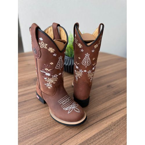 BOTA TEXANA EM COURO MARROM BORDADO NOSSA SENHORA ... - Botas Texanas Bruto