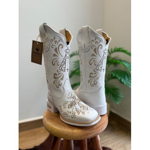BOTA TEXANA EM COURO BRANCO BORDADO NOSSA SENHORA ... - Botas Texanas Bruto