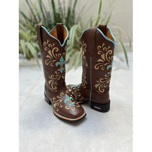 BOTA TEXANA EM COURO MARROM BORDADO LUSTRE AZUL E ... - Botas Texanas Bruto