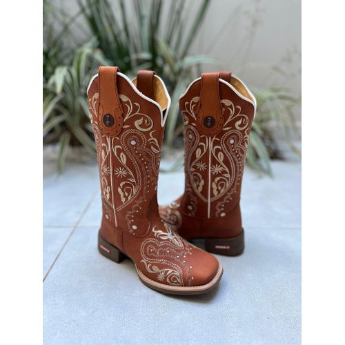 BOTA TEXANA EM COURO TELHA BORDADO TRIBAL SOLADO M... - Botas Texanas Bruto